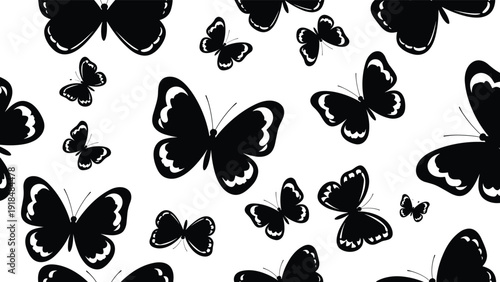 Butterfly silhouettes seamless pattern vector, flying insect shapes, black nature background, elegant decorative wallpaper illustration isolated on white, design for print usage