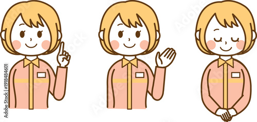 コンビニの女性店員による接客ポーズセット（指差し・案内・お辞儀）イラスト｜笑顔の店舗スタッフ上半身