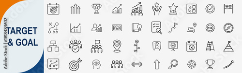 Target and goal achievement icons set, outline symbols for business strategy success objective planning and performance tracking vector illustration