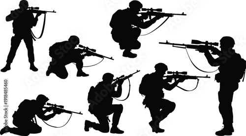 CAD drawing flat vector illustration, armed soldier silhouette collection, tactical shooting poses, black and white artwork, military combat stance design