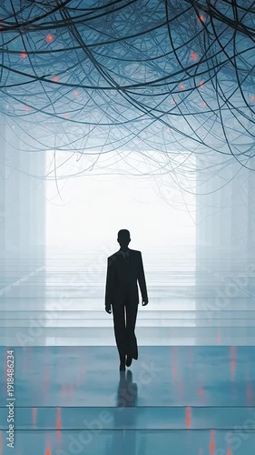 Lone figure walking toward glowing red dots light arch through dark tangled branches in blue cinematic space