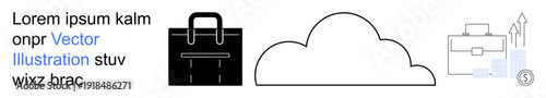 Cloud computing, digital storage, business tools, financial growth, corporate success, data access. A cloud, briefcase and financial chart icons. Cloud computing and digital storage