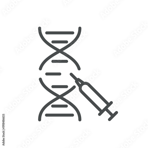 DNA Gene Therapy Icon, Outline DNA Helix with Syringe Injection, Genetic Modification and Biotechnology Medical Symbol. Isolated Genetic Modification Line Icon on White Background 
