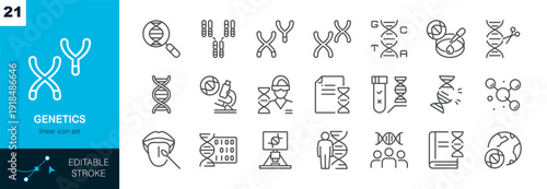 Genetics Linear Icon Set with DNA, Genes, Genome, Chromosomes, Heredity, Inheritance, Genotype, Phenotype, Family Ancestry, Research, Editable Outline Vector