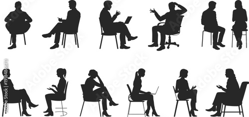 Business meeting, job interview, professional communication, counseling session, teamwork, corporate discussion, people talking, seated interaction, silhouette vector illustration, office concept