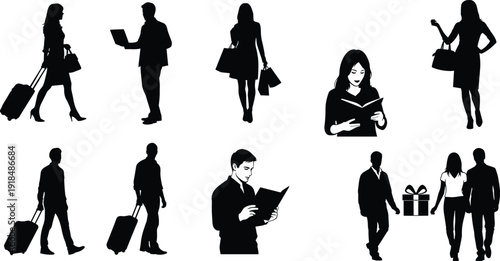 Business people and shoppers silhouettes set, men and women walking reading traveling with bags, black vector illustration, lifestyle urban characters isolated