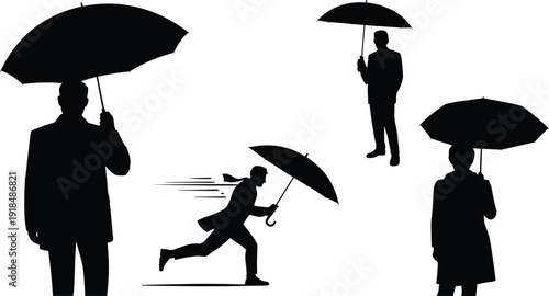 Business people walking and running with umbrellas silhouette, rainy day vector illustration, city life concept, teamwork, protection, weather, lifestyle, success and determination