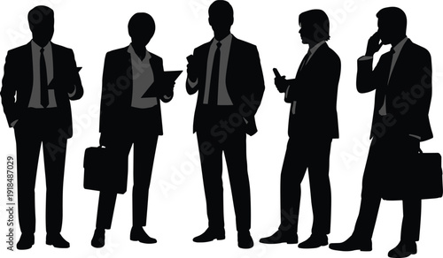 Business professionals silhouette, mobile device usage, corporate attire, digital communication, teamwork concept, briefcase holding, vector illustration, white background, modern office culture