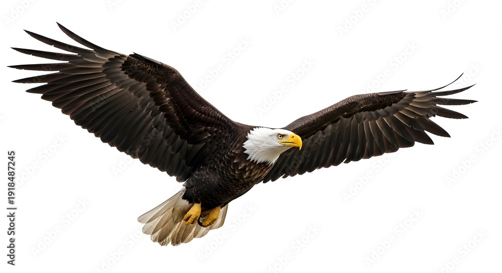 Fototapeta premium Majestic Bald Eagle in Flight with Wings Spread Isolated on White Background