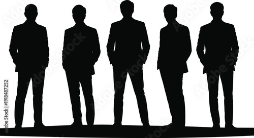 Business team silhouette, corporate professionals in suits, unity and leadership concept, formal attire group illustration, black and white vector art