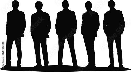 Business team silhouette, professional men in suits, corporate group vector, leadership concept, teamwork illustration, formal attire, black and white design