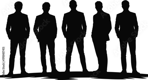 Business team silhouette, five professionals in suits, corporate unity concept, formal group illustration, leadership and teamwork vector, white background design