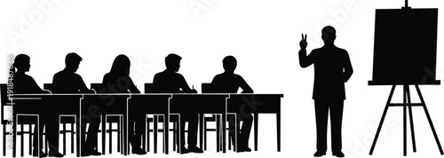 Business training session silhouette illustration showing instructor teaching group of students in classroom environment, professional education concept vector design, teamwork learning scene