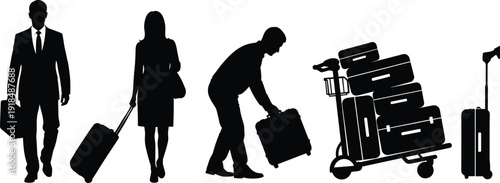 Business travel silhouettes set, men and women with luggage suitcases and baggage cart, airport journey concept, transportation icons, black flat vector illustration