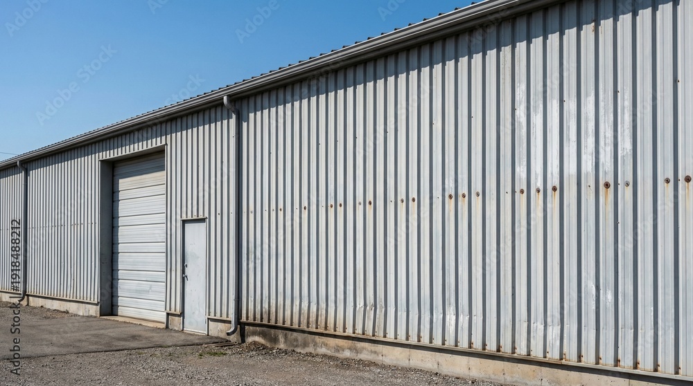 Fototapeta premium Industrial Metal Panel Building Facade Gleaming Under a Bright Blue Sky – Modern Architecture, Urban Infrastructure, and Commercial Design