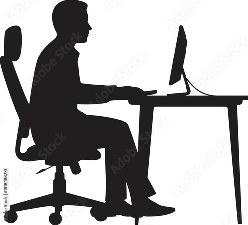 Businessman sitting at desk using computer, office employee working on desktop, modern workspace concept with technology, productivity, and ergonomic furniture illustration