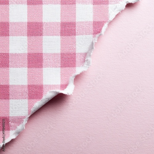 Torn pink gingham fabric overlaying a solid pale pink background