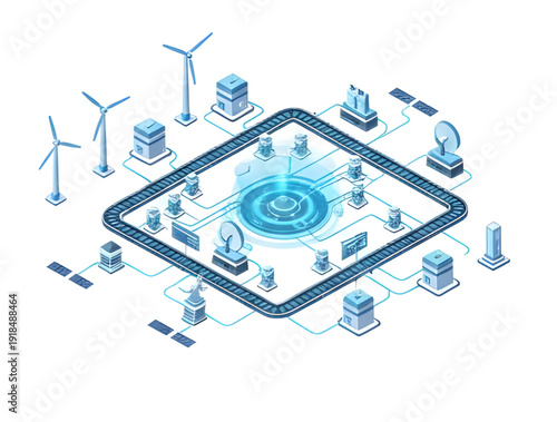 Futuristic Renewable Energy Grid and Smart City Data Network.