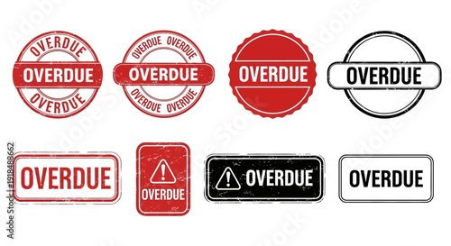 Collection of various overdue stamps and labels in different shapes and colors displayed together on a plain background from a straightforward viewpoint