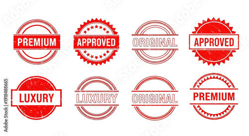 Collection of red premium approved luxury original stamps arranged neatly on a clean white surface viewed from directly above