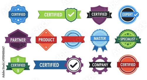 Collection of colorful certification badges and labels showcasing various expert and partner credentials in a visually appealing arrangement