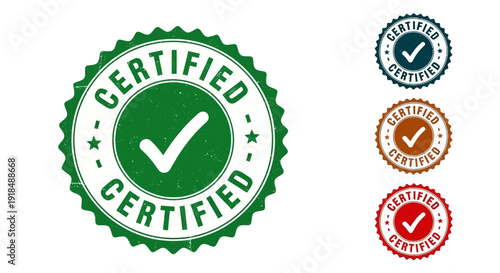 Certified seals with checkmarks in various colors on a transparent background, viewed from directly above, showcasing different certification icons.
