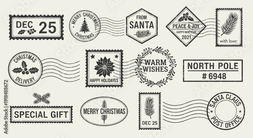 A collection of Christmas-themed stamps and labels with festive designs and messages displayed on a light background from a direct viewpoint