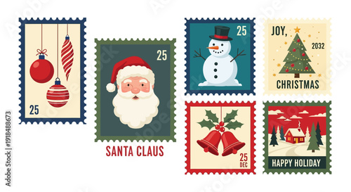 A collection of Christmas-themed postage stamps featuring holiday icons, festive scenes, and joyful messages from a bird's eye view