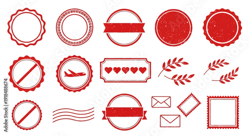 Collection of red graphic icons depicting various symbols and elements on a clean white background from a straightforward viewpoint