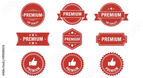 Collection of premium badges and labels featuring thumbs up icons and ribbons in various red designs on a clean white background