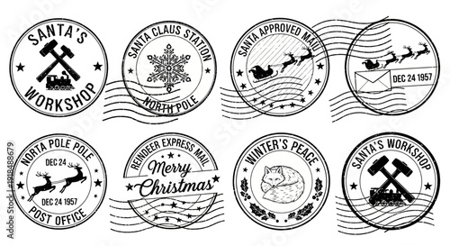Collection of Christmas-themed illustrations on white background, including Santa's workshop and festive designs