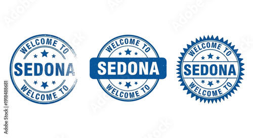 Welcome to Sedona stamps with varied designs and blue color schemes on a clean white background viewed from directly above
