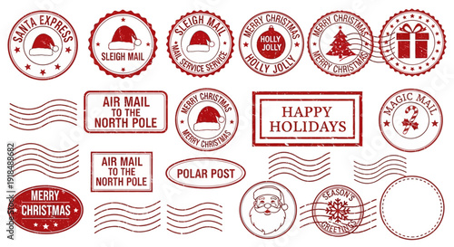 Collection of red Christmas and holiday-themed stamps and labels with festive designs and greetings on a white background from various viewpoints