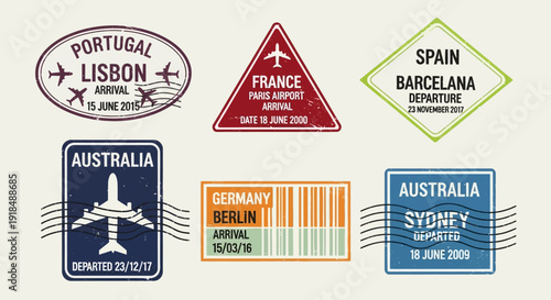 A collection of vibrant travel stamps from various countries, including Portugal, France, Spain, Australia, and Germany, showcasing destinations like Lisbon, Barcelana, and Sydney.