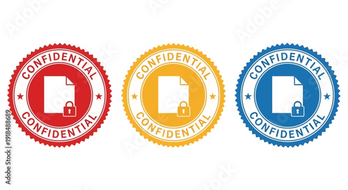 Three colorful confidential stamps with lock icons in red, yellow, and blue, arranged horizontally on a clean surface, viewed from directly above
