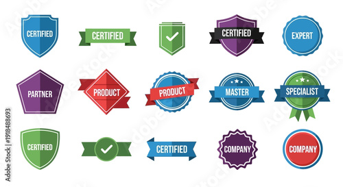 Collection of colorful certification badges and labels displayed on a clean white background, showcasing various product quality assurance symbols from different organizations.