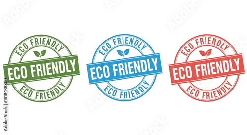 Three Eco Friendly stamps in green, blue, and red, with leaves and text, on a neutral background, viewed from directly above