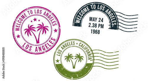 Vibrant Los Angeles welcome stamps featuring palm trees and city names from various dates and viewpoints