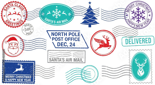 Vintage Christmas Postage Stamps and Mail Icons Set Featuring Santa's Air Mail and Holiday Symbols on White Background