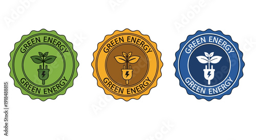 Green energy icons representing eco-friendly solutions and sustainable development in a modern context, viewed from a straightforward perspective.