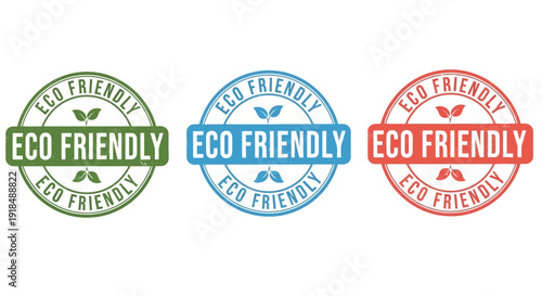 Eco friendly stamps with green blue and red labels surrounded by circular emblems showcasing environmental sustainability