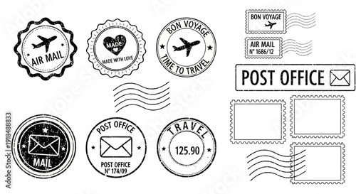 A collection of postage stamps and mail icons showcasing various designs and labels for postal services and air mail