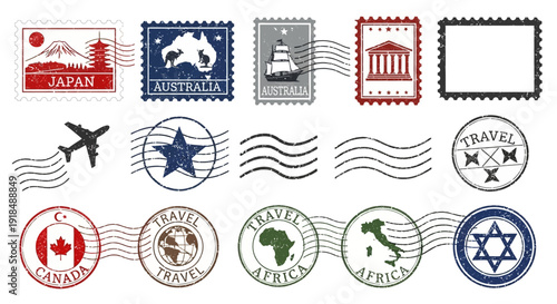 Assorted travel-themed stamps and stickers featuring landmarks and symbols from around the world, displayed together on a clean background