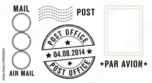 A collection of postage icons including mail, post, air mail, post office stamp, and postage stamp on a clean white background.