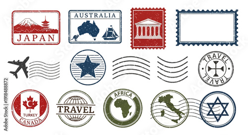 Collection of vintage travel stamps and labels featuring various countries and symbols from around the world displayed on a clean white background viewed from directly above
