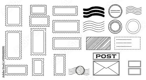 Collection of various frames, envelopes, and decorative elements in black and white line art style