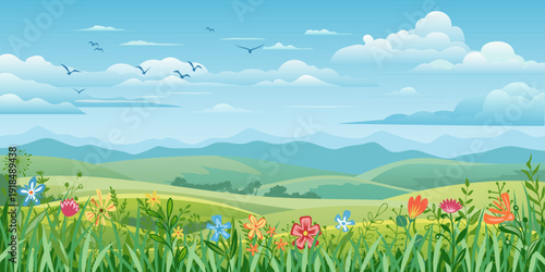 Spring summer landscape, blooming meadow and green hills, cartoon vector illustration