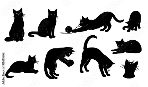 Black Cat Silhouettes Vector Set in Sitting Walking Jumping and Playing Poses Isolated on White Background