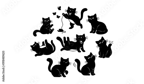 Playful Black Cat Silhouette Vector Set with Cute Cartoon Style Feline Poses Isolated on White