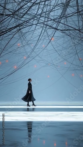 Lone figure crossing the scene,  glowing light arch through dark tangled branches in blue cinematic space